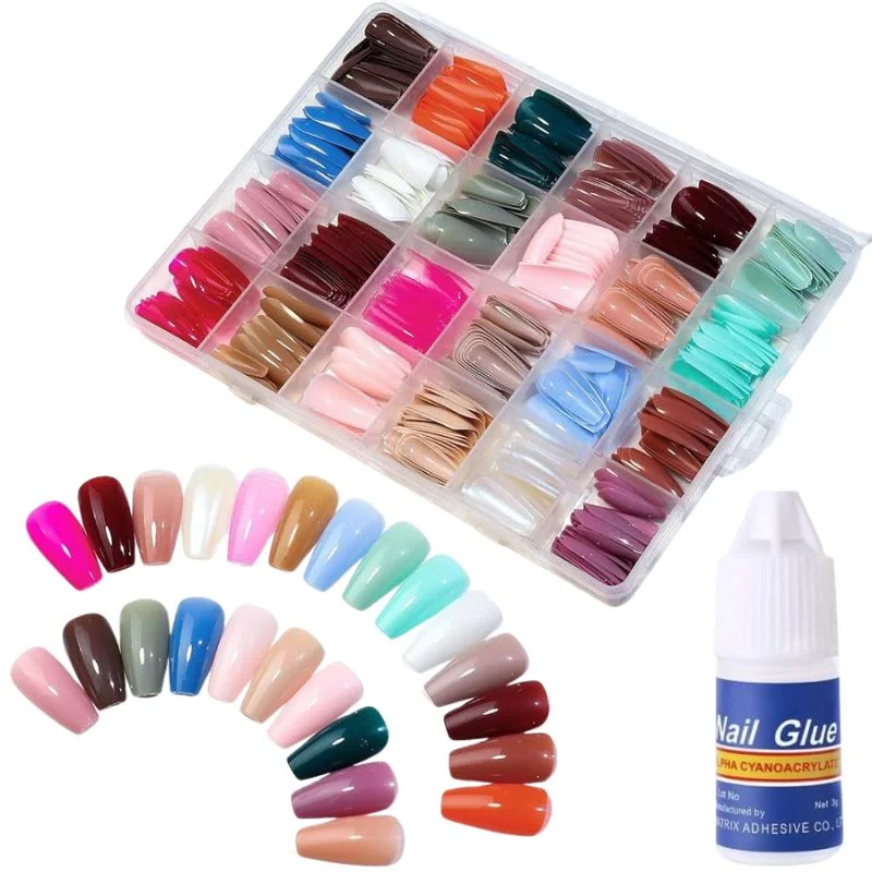 Multicolor Acrylic Artificial Nails Kit  Full Cover Nails with Glue  24 Shades 576 Pcs