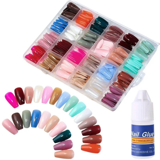 Multicolor Acrylic Artificial Nails Kit  Full Cover Nails with Glue  24 Shades 576 Pcs