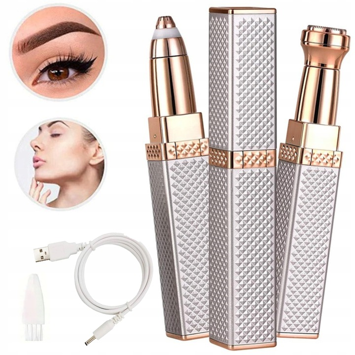 2-in-1 Flawless Facial Hair Remover & Eyebrow Trimmer  USB Rechargeable, Painless & Portable  Silver Color